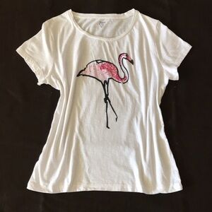Crown & Ivy Sequined Flamingo Graphic White Short Sleeve Tee, Size XLarge